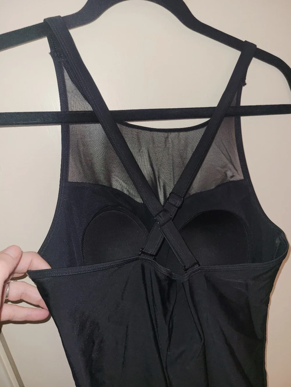 Torrid One Piece Swimsuit Size OO Black Mesh Top Cross Back Straps Ruched Front